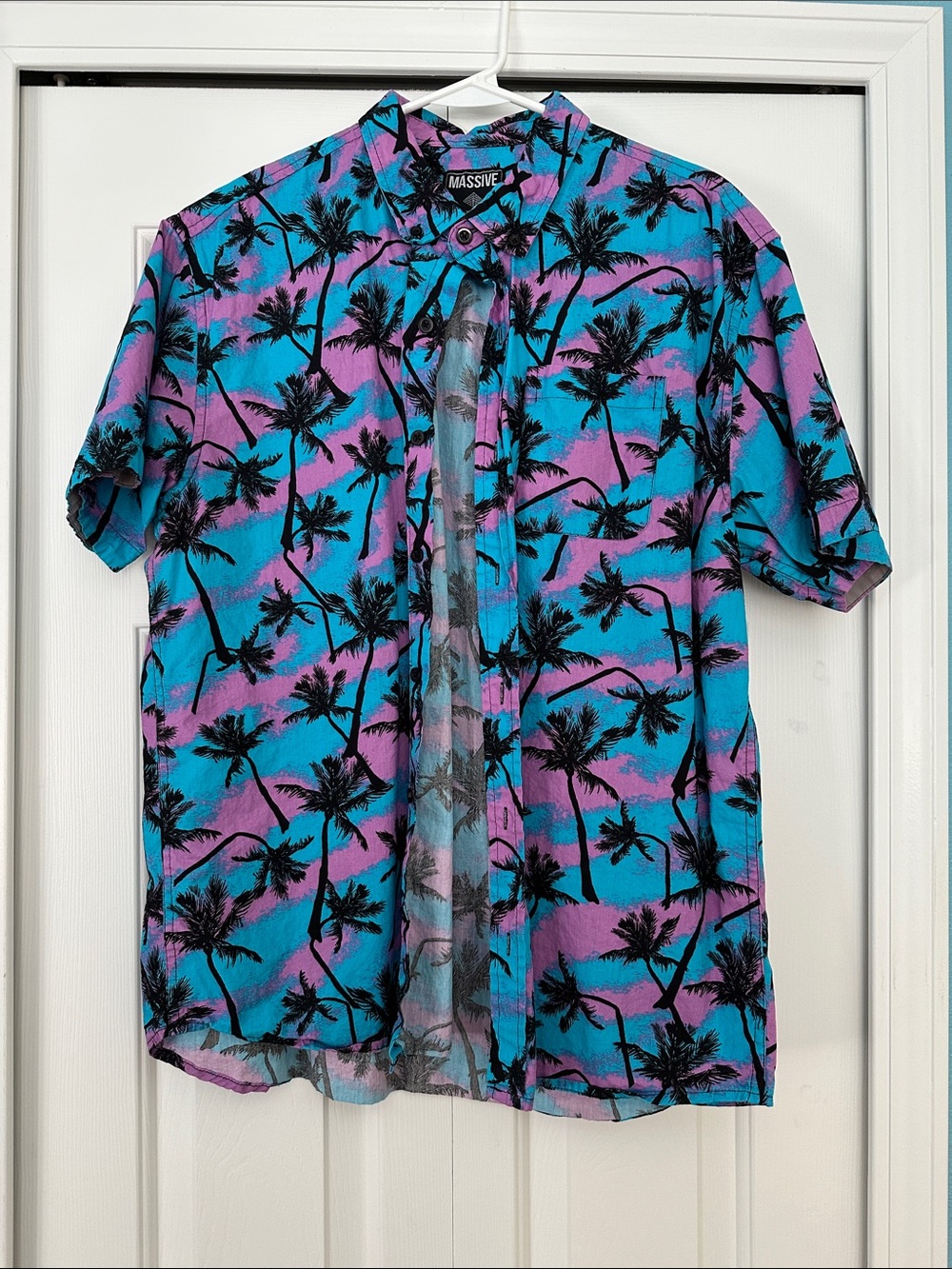 Massive Men’s Short Sleeve Palm Print Button-Down Shirt - Teal & Purple
